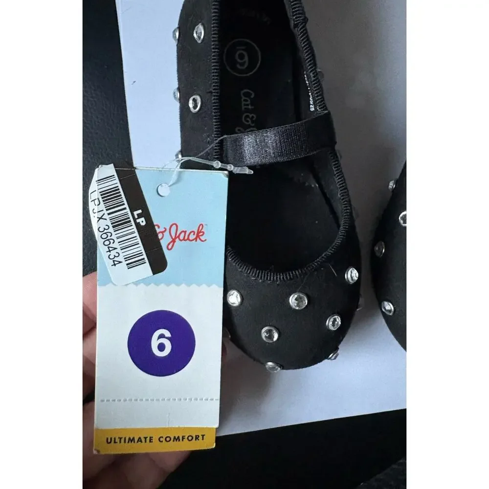 Cat & Jack Girls Black Studded Mary Jane Flats Memory Foam Flexible Size 6